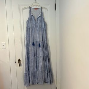 Oliphant Blue and White Tiered Tassel Maxi dress Size Large